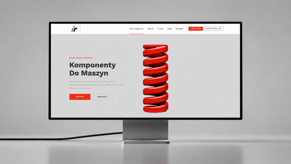 Strona główna Impex Ready na monitorze — hasło „Komponenty do maszyn” i czerwona sprężyna