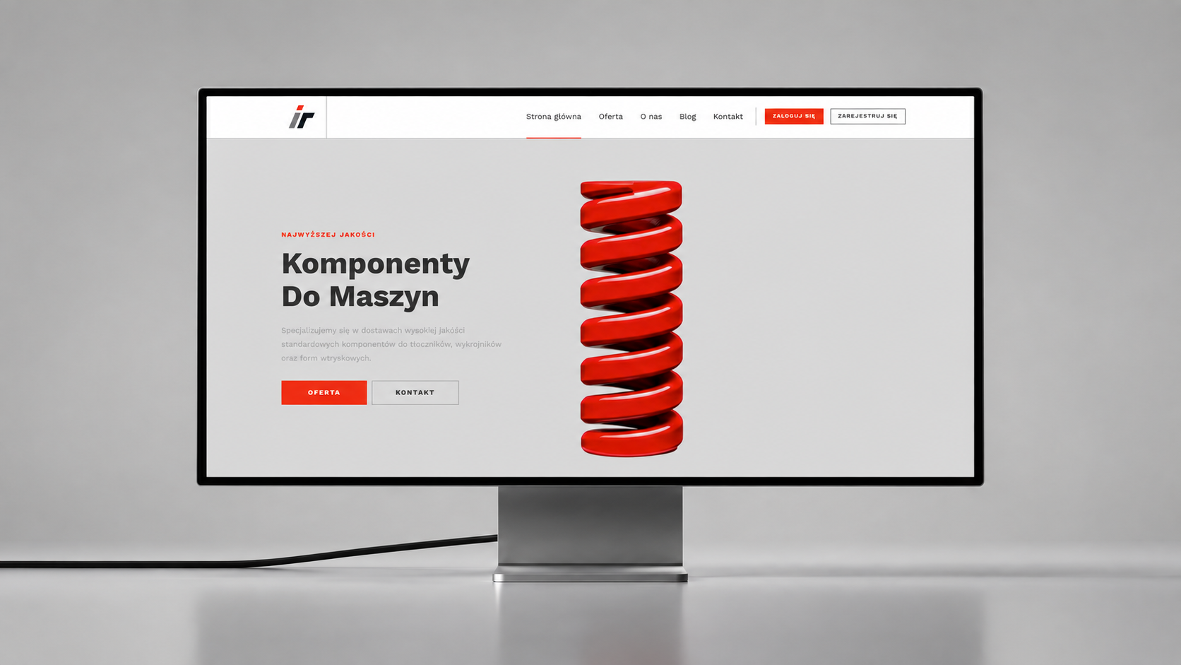 Strona główna Impex Ready na monitorze — hasło „Komponenty do maszyn” i czerwona sprężyna